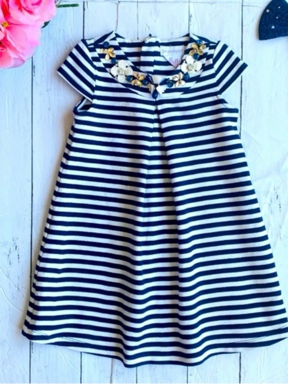 Savannah Navy and White Striped Embellished Collar Dress